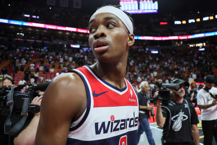 Washington Wizards guard Bilal Coulibaly (0) looks on after the game against the Miami Heat at Kaseya Center. Mandatory Credit: Sam Navarro-USA TODAY Sports